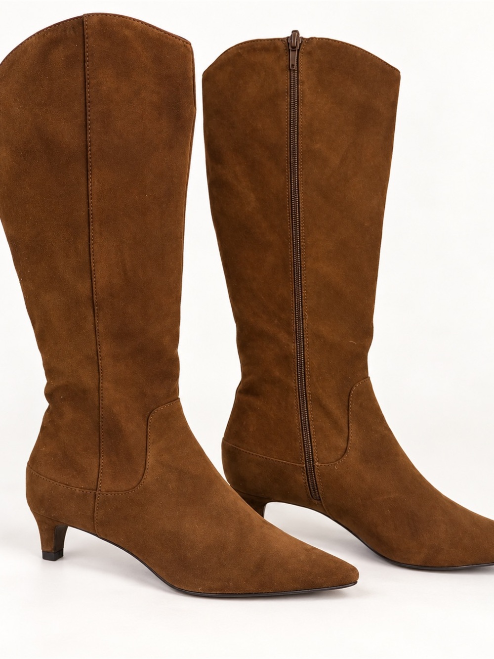 GAP Brown Suede Knee-High Pointed-Toe Kitten Heel Boots